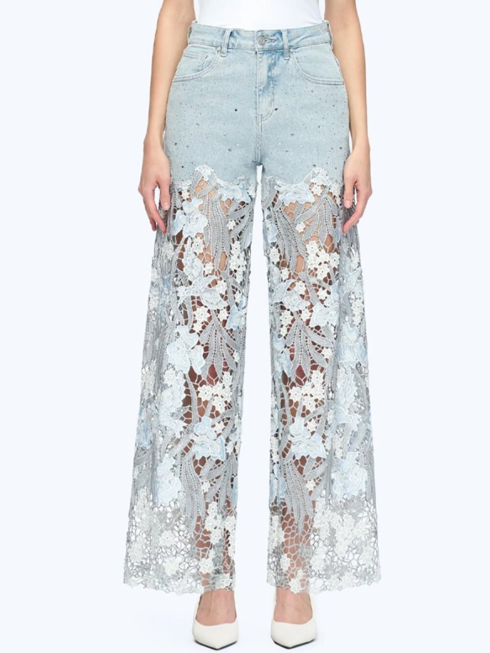 Bayeas Viral Lace Embroidered Rhinestone Light Wash Jeans Size 26